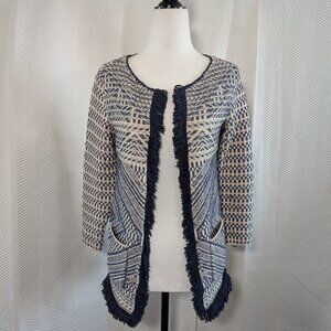Lucky Brand Woven Fringe Open Cardigan Jacket Cream Blue Size XS Boho‑Chic